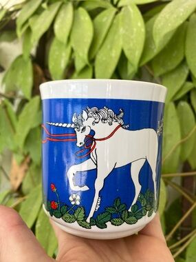 Vintage Vibrant Blue Unicorn Ceramic Mug with Red Ribbon